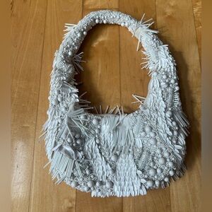 Zara Fully Beaded Shoulder Bag White Small